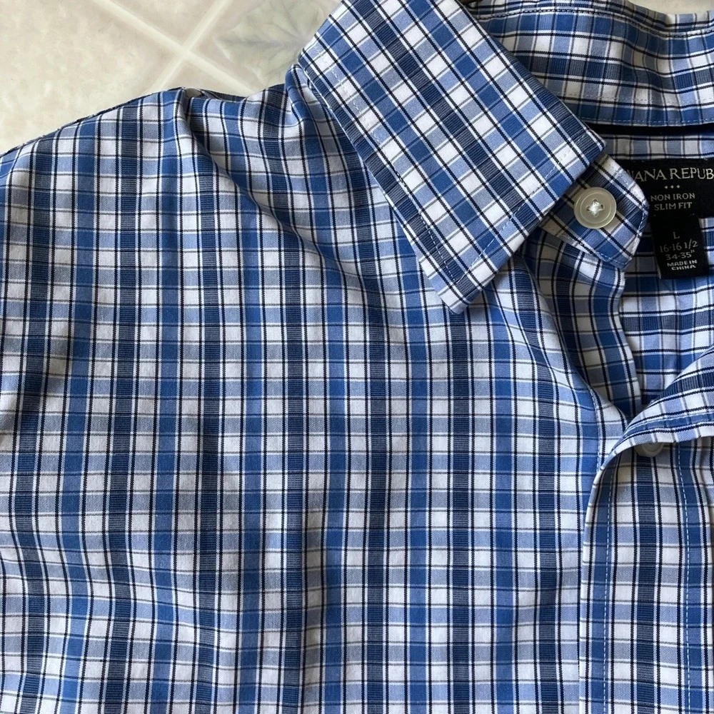 Banana Republic Cotton Non Iron Blue Plaid Long Slv Shirt Large 16 16.5 Slim Fit